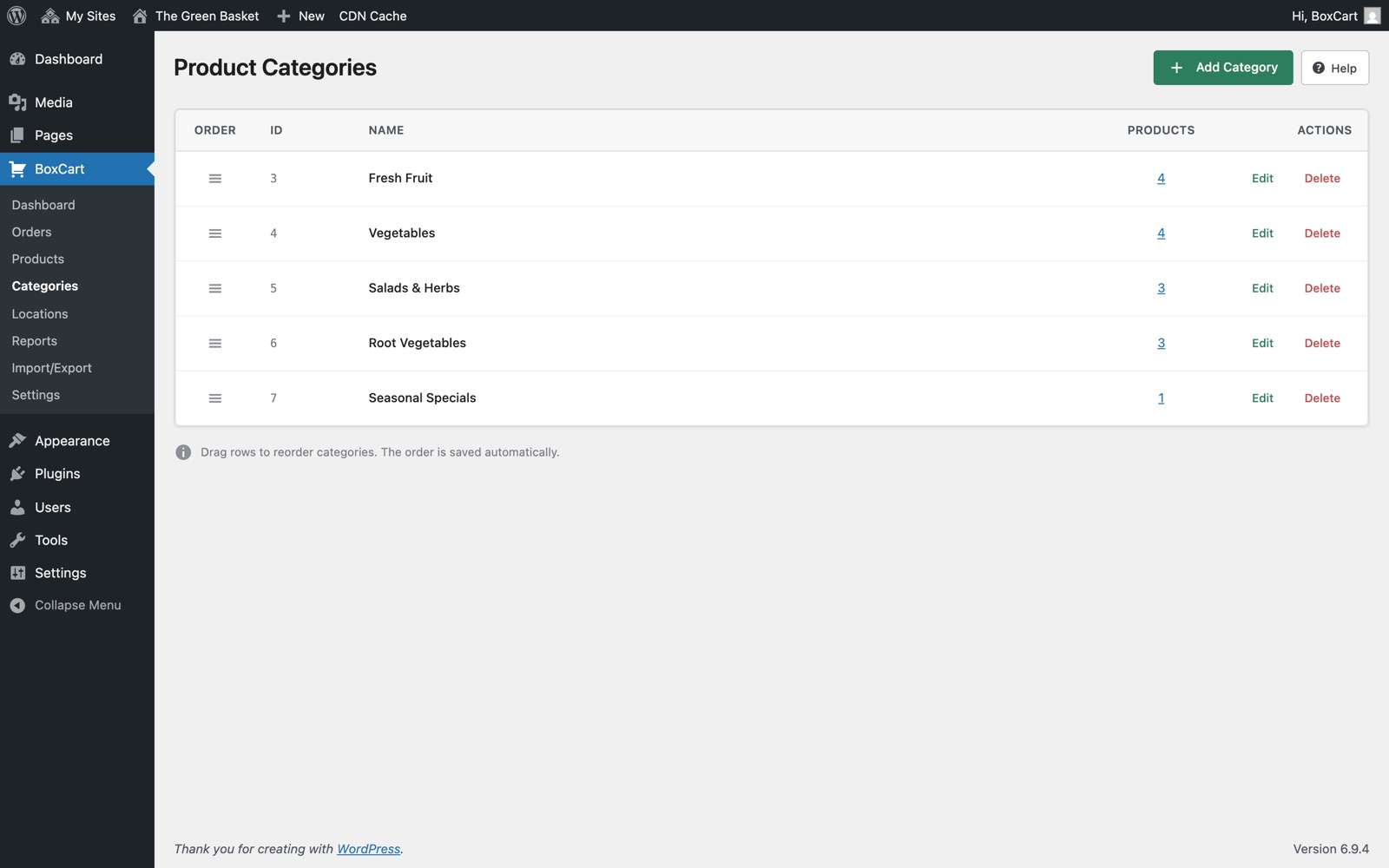 Category management screen with drag-to-reorder and inline editing