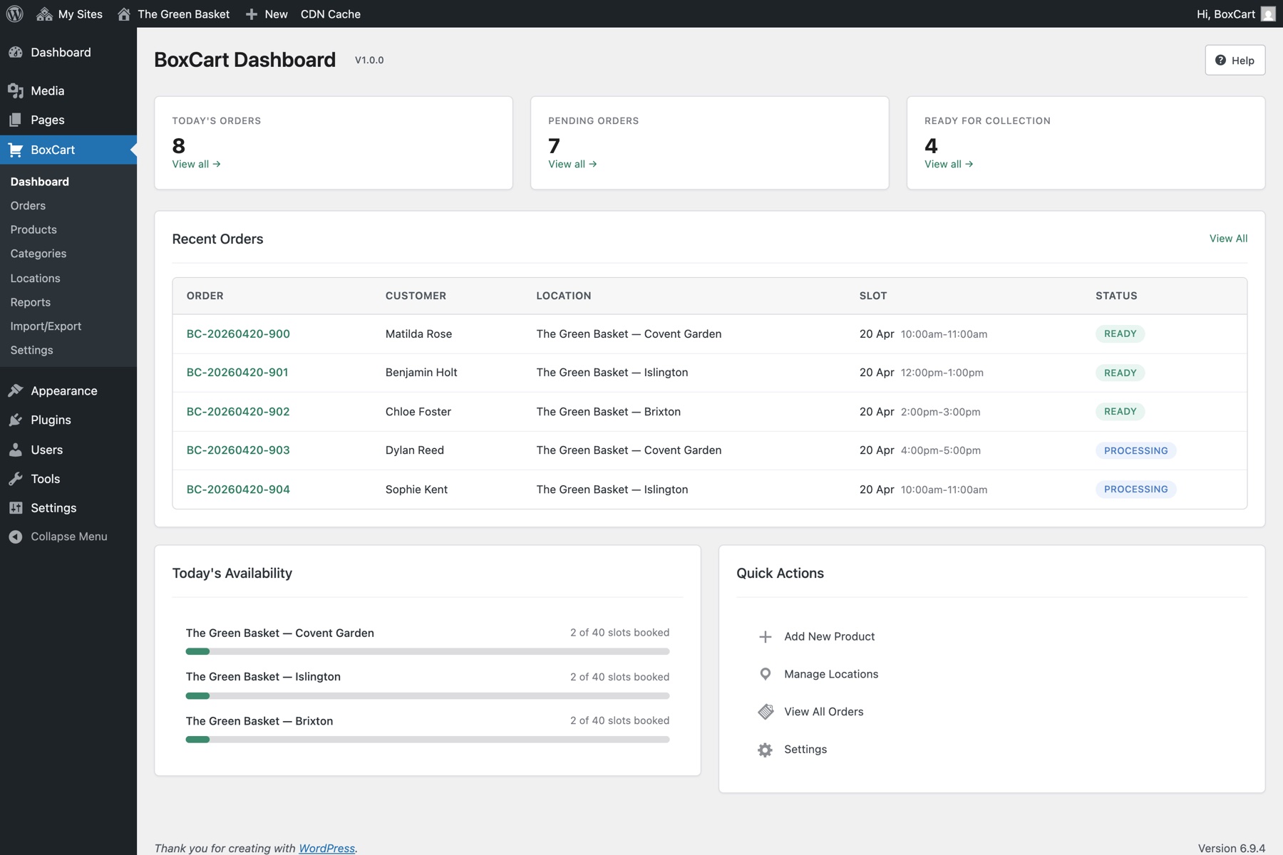 BoxCart menu in the WordPress admin sidebar after activation