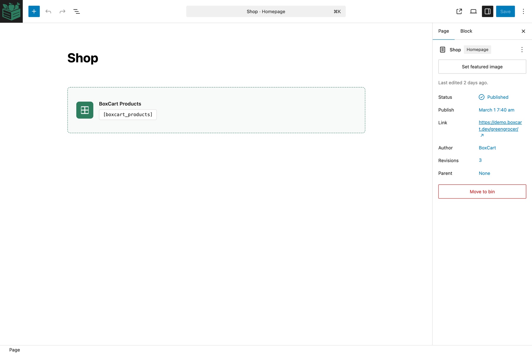 A BoxCart block in the WordPress block editor with a live preview of the store component