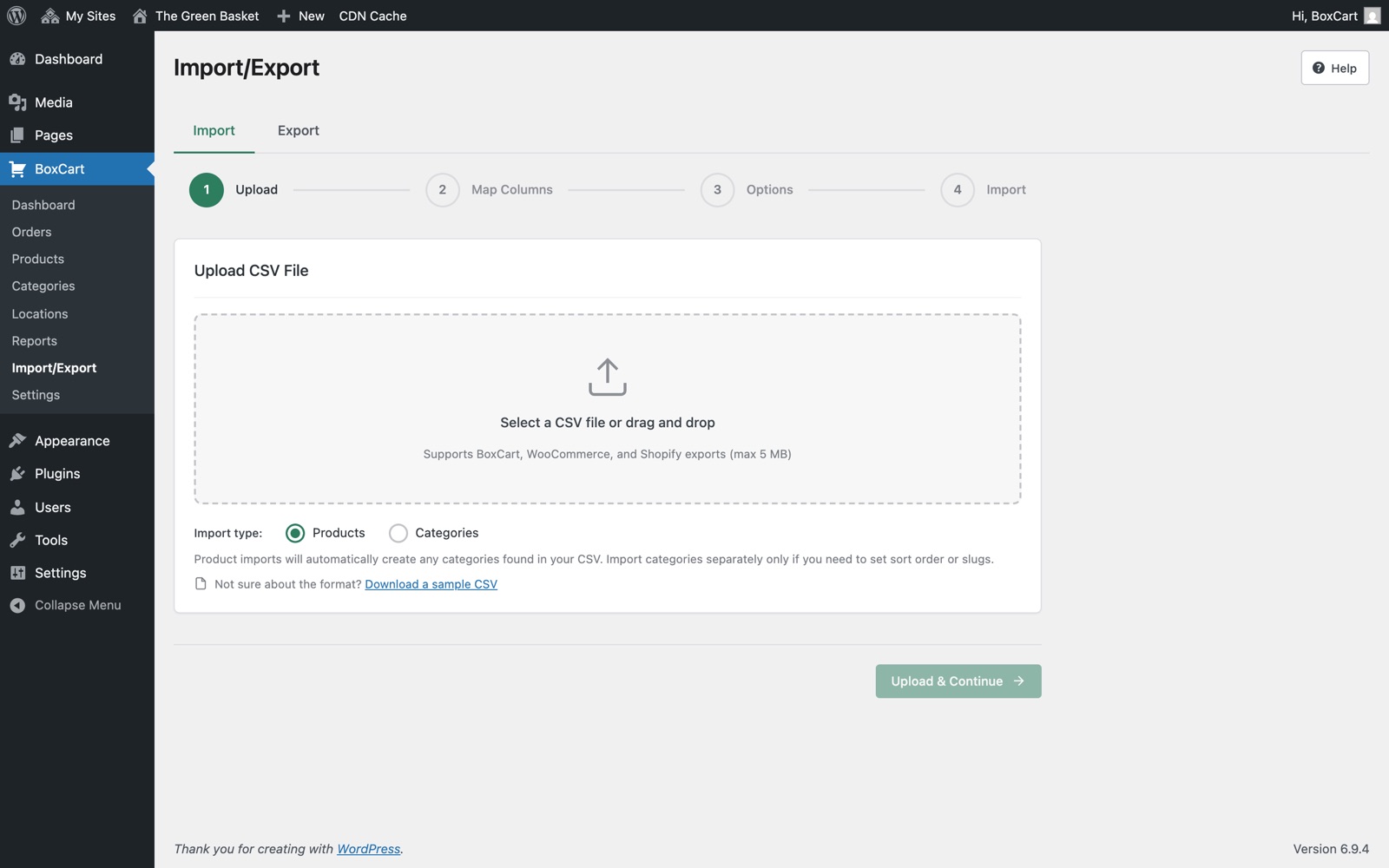 Import/Export page showing import form with file upload and update mode options