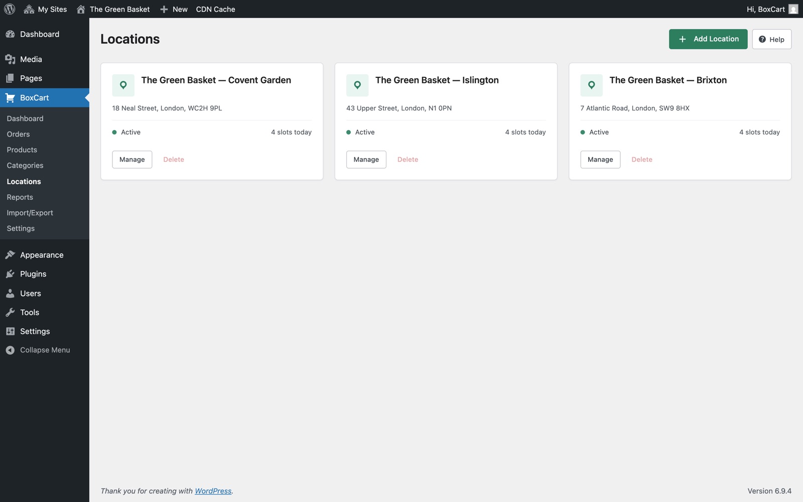 Location cards in the admin showing name, address, today's slots, and action buttons