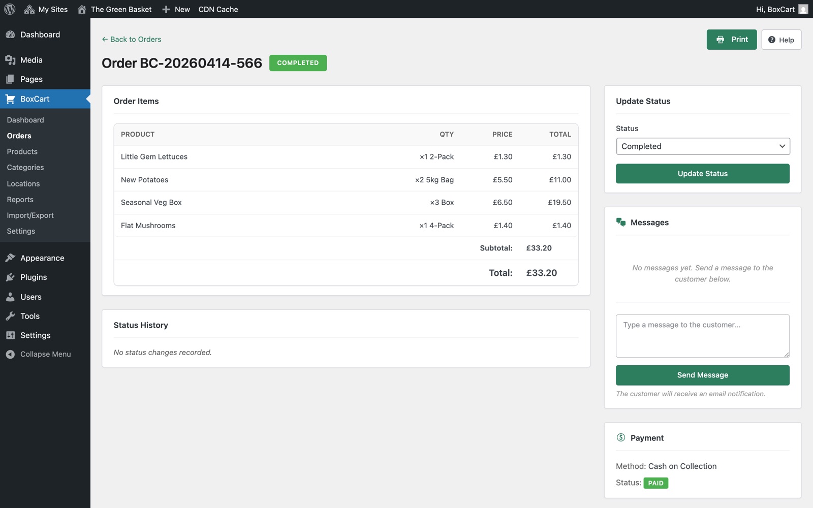 Order detail view showing customer info, items, collection details, and status log