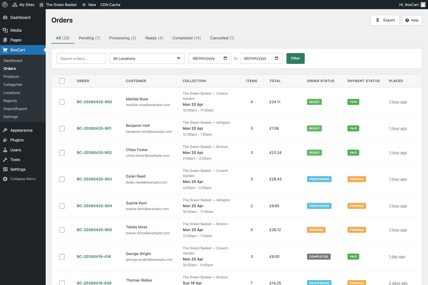 Order history list showing order numbers, dates, statuses, and totals with reorder buttons