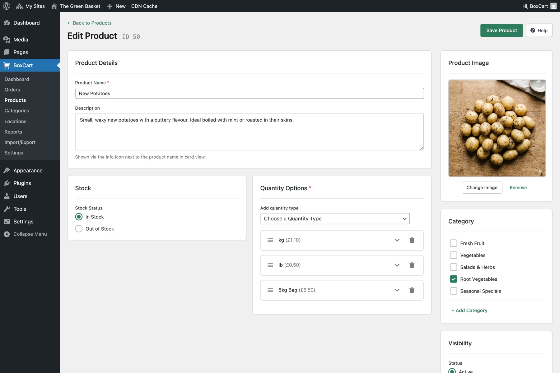 BoxCart product editor showing the name, price, SKU, image, and category fields