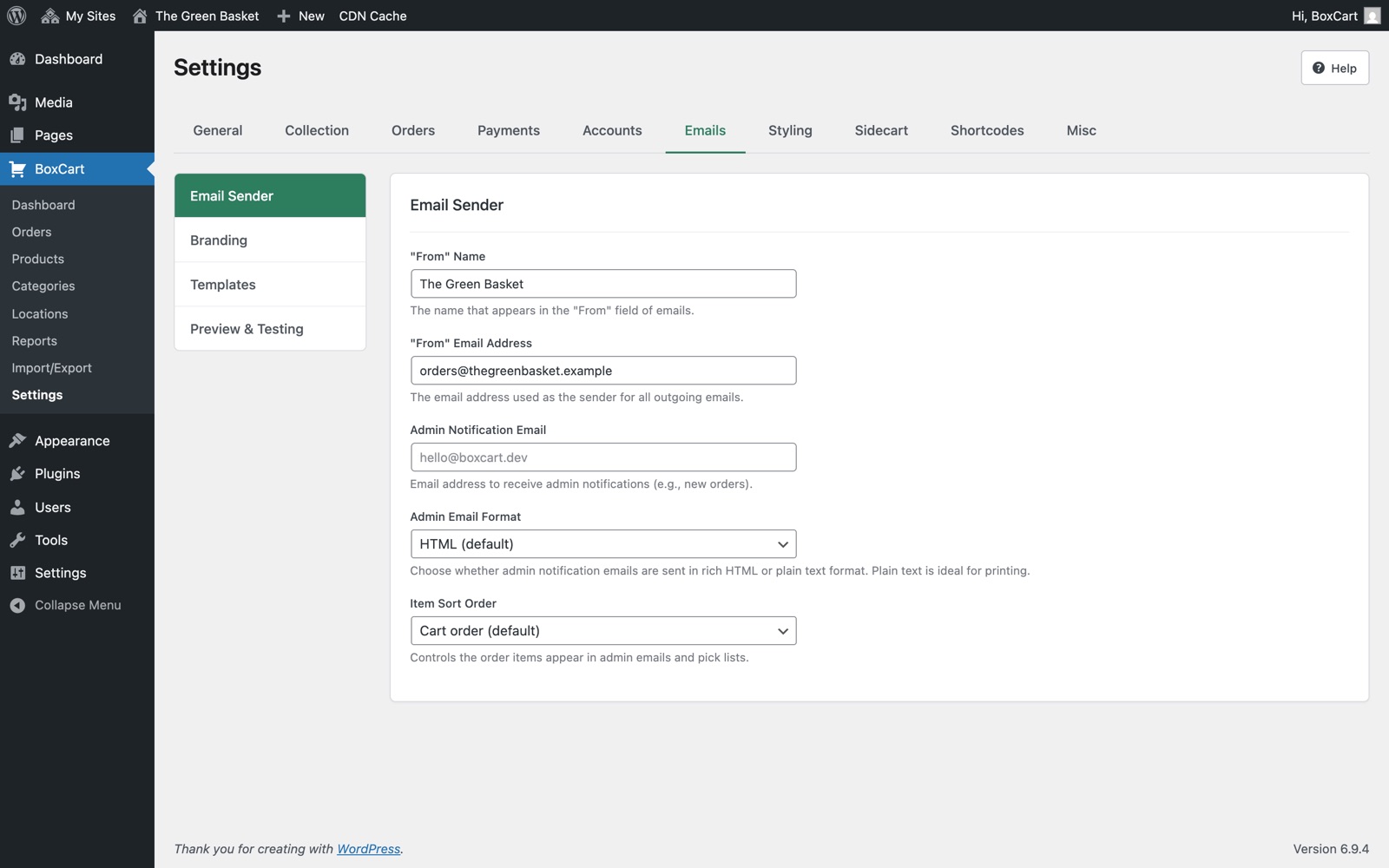 Email settings page showing sender, branding, and templates tabs