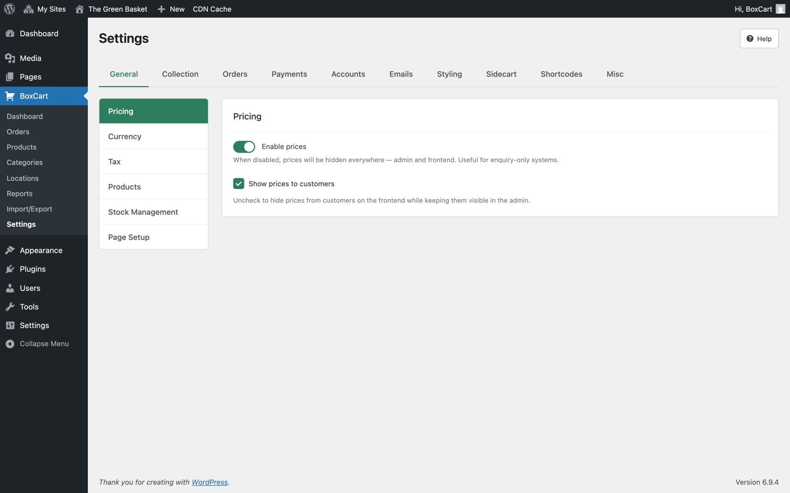 BoxCart page setup settings panel showing Products, Basket, Checkout, and Account page assignments