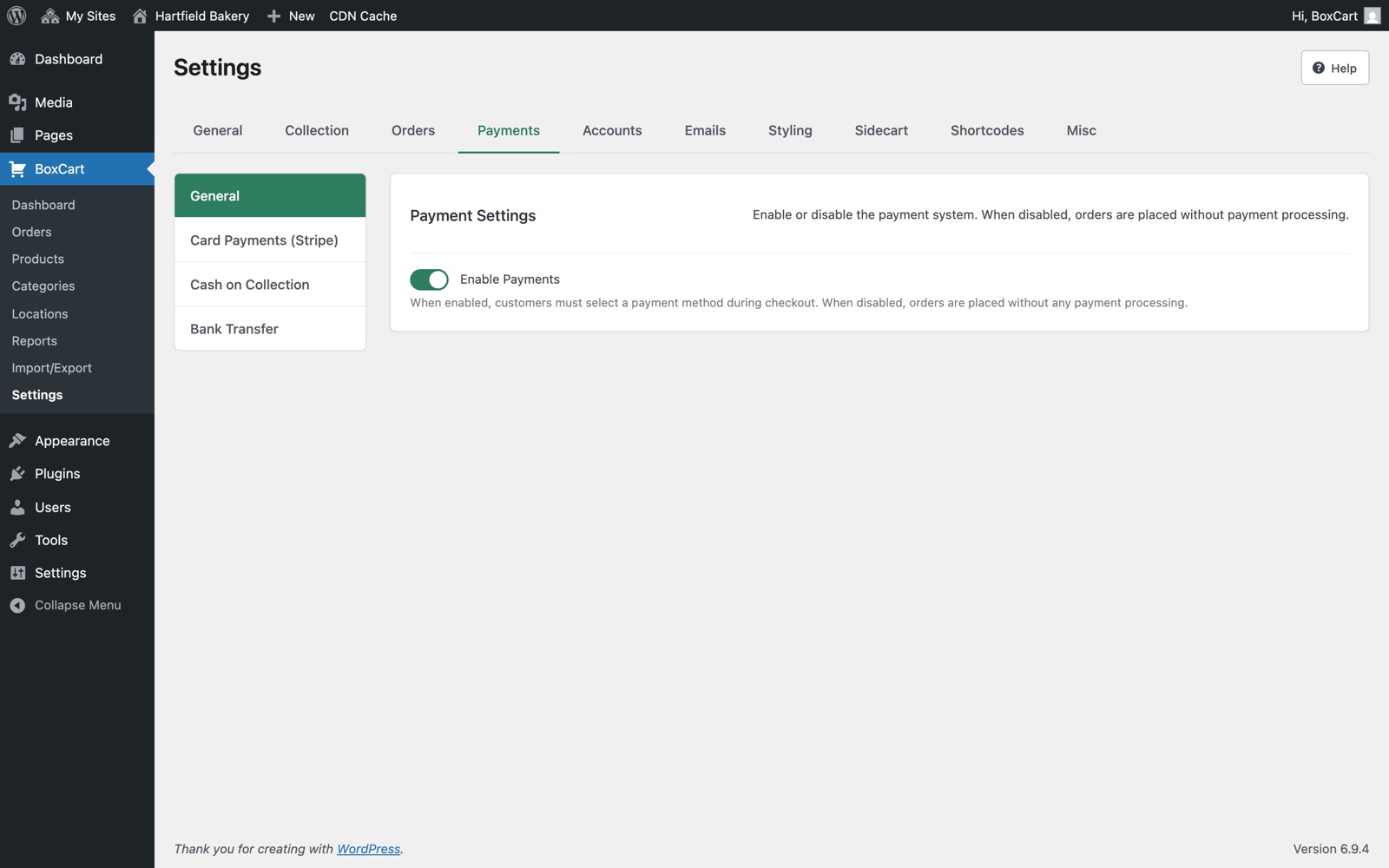 BoxCart payment settings panel showing Stripe API key fields and test mode toggle