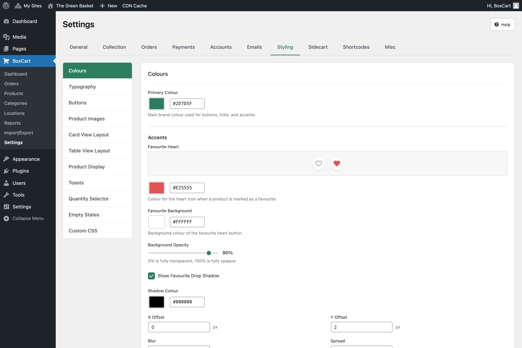 BoxCart styling settings for colours, fonts, button styles, and layout