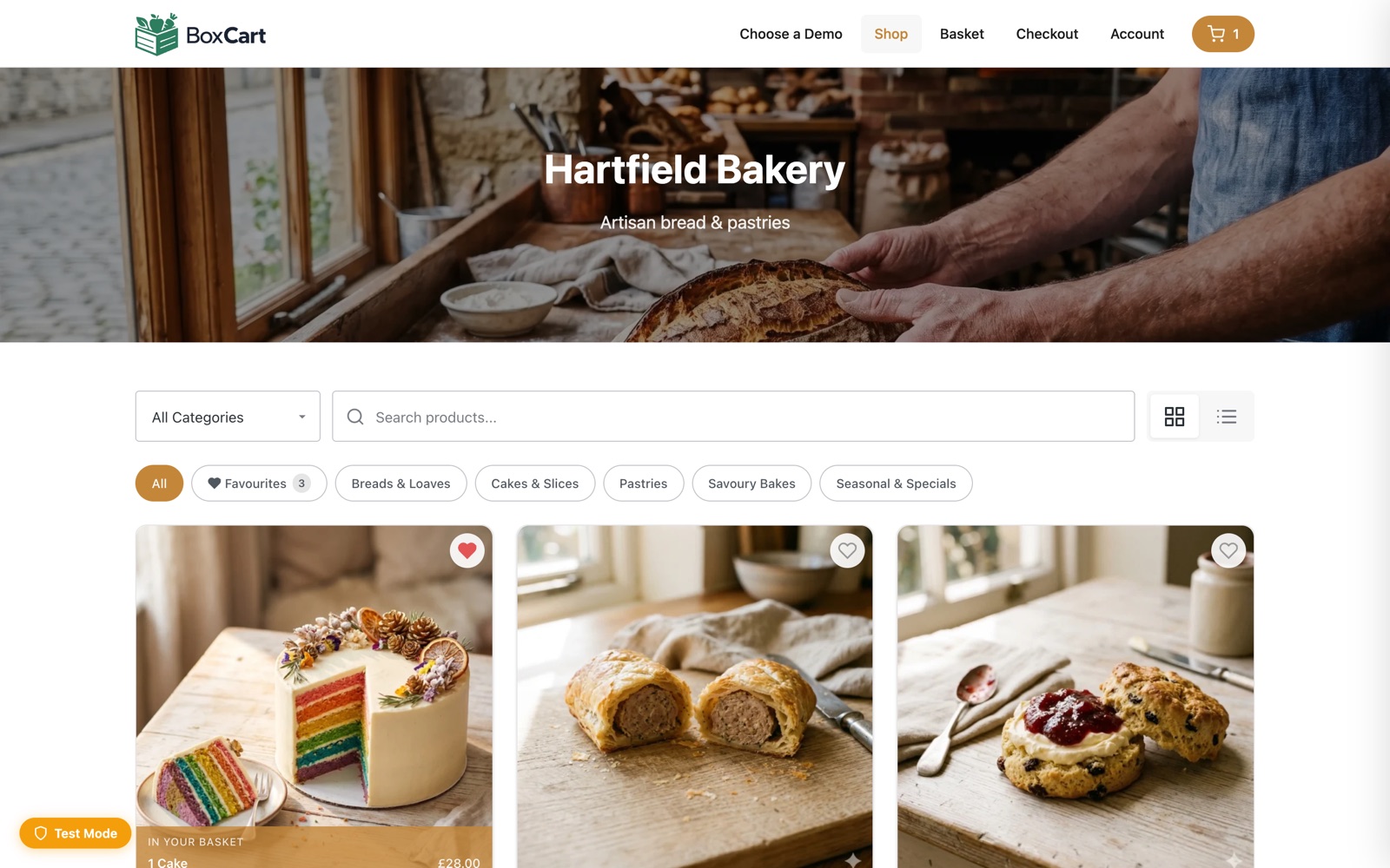 Products displayed in card view (left) and table view (right)