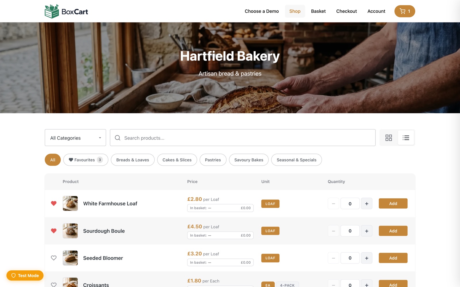 Mini basket button in a site header showing the cart icon and item count