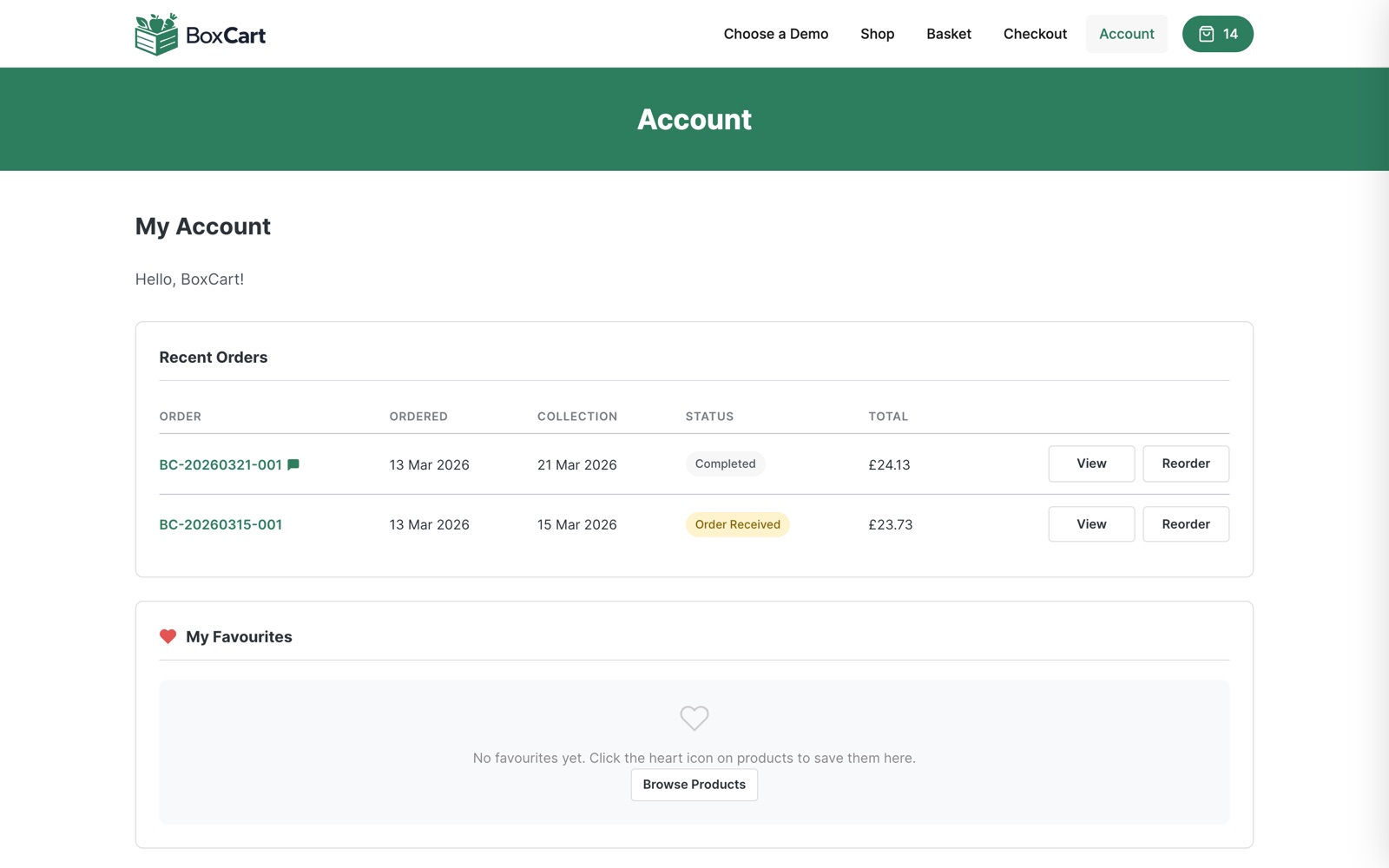 Customer account dashboard showing quick links to orders, edit details, and favourites