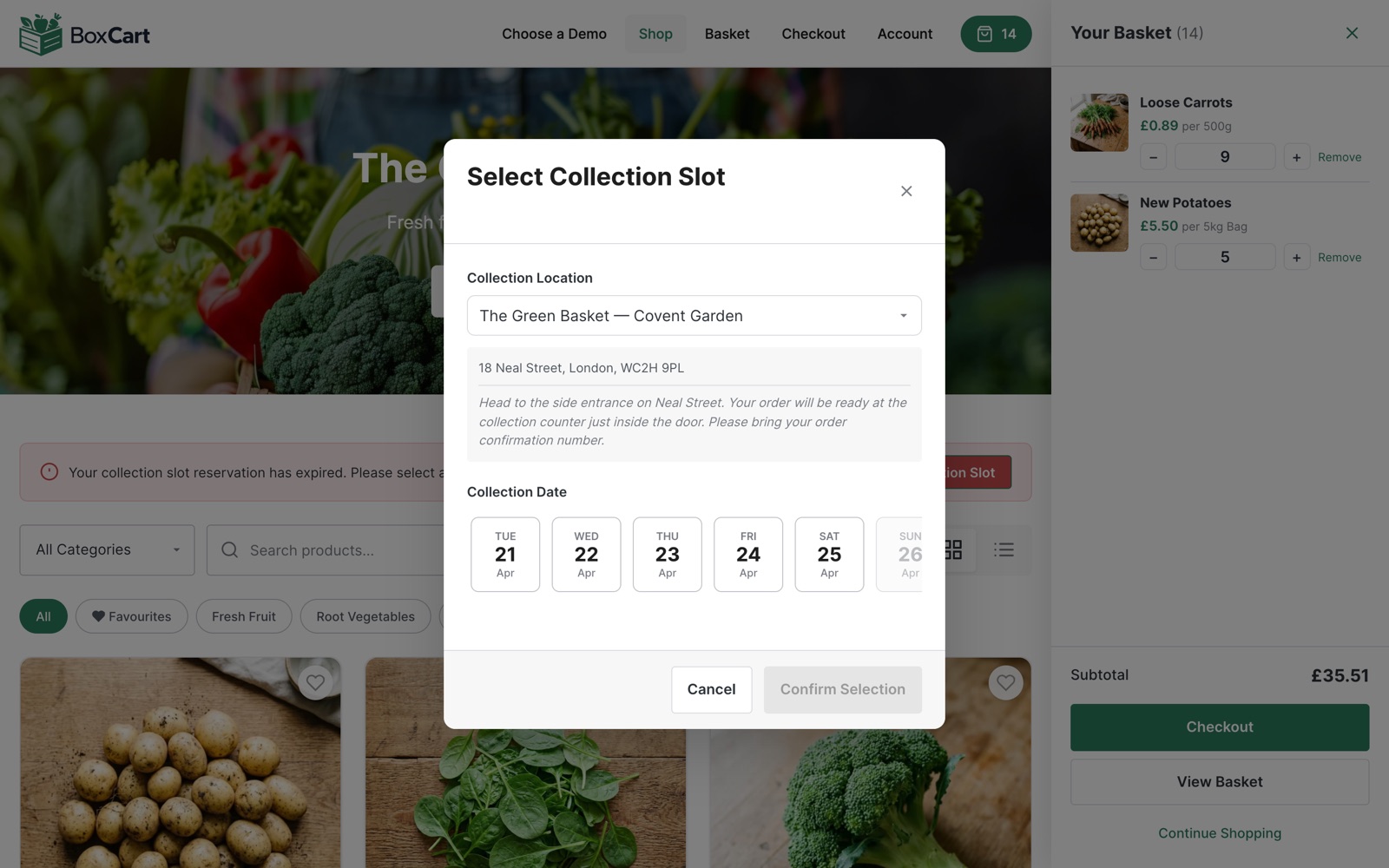 Slot selector modal on the products page prompting the customer to choose a collection window